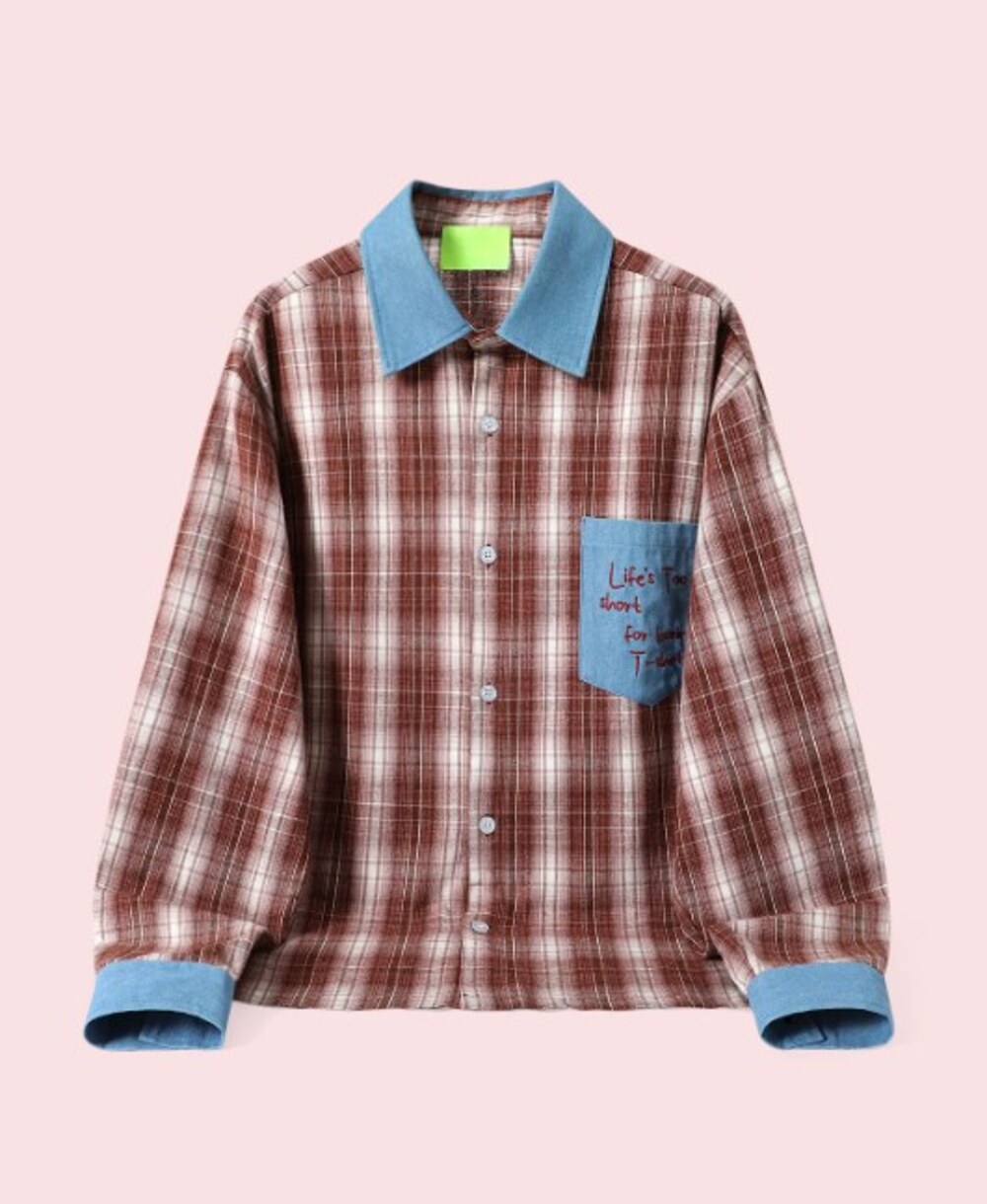 Rust Plaid Shirt with Denim Collar